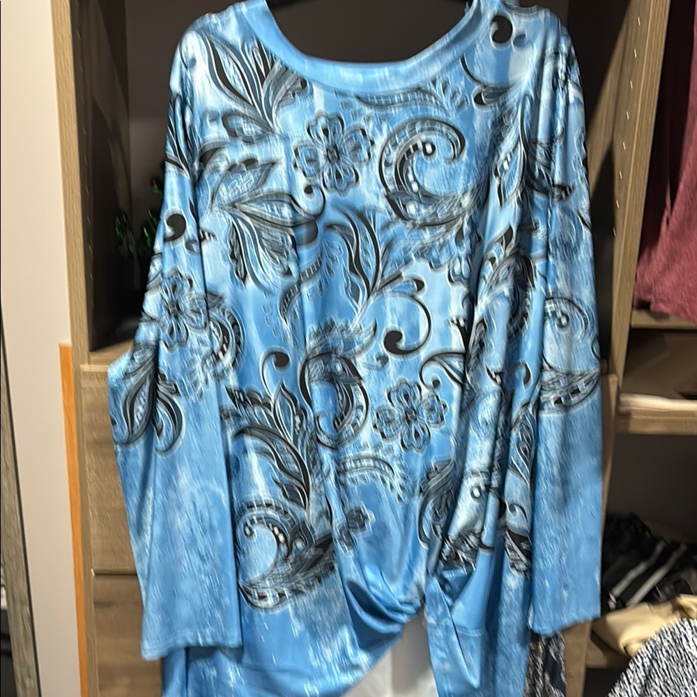 Lily Blue and White Oversized Embellished Blouse